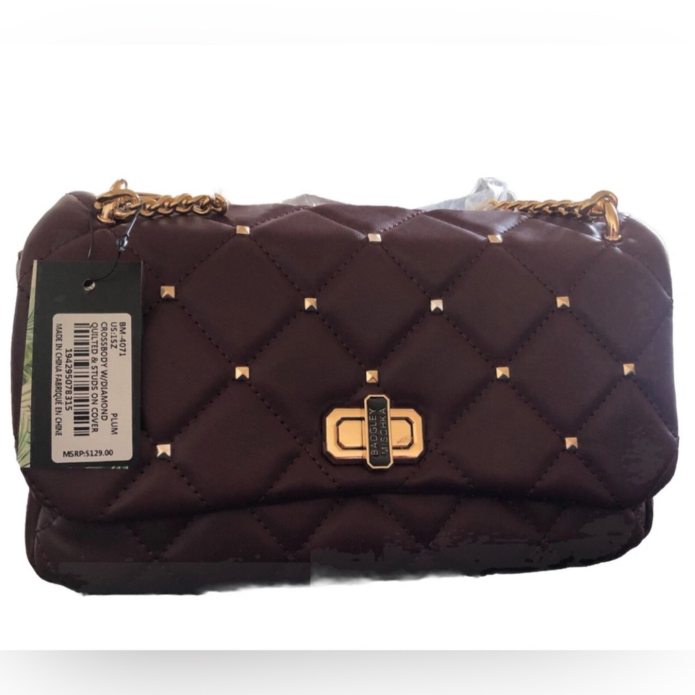 BADGLEY MISCHKA Medium Studded Quilted Shoulder Bag in Wine/Plum NWT